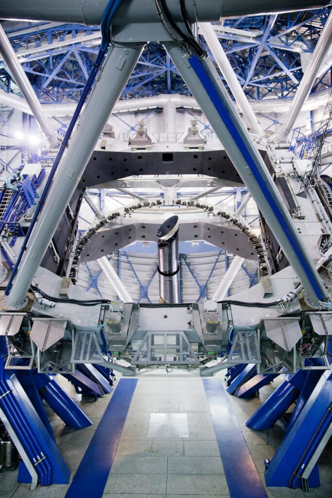 The X-shooter spectrograph, a large instrument assembly mounted on one of the Very Large Telescope units in Chile