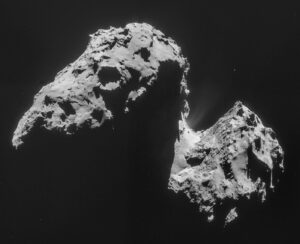 Grey, rugged surface of comet 67P photographed in close up by the Rosetta spacecraft's navigation camera