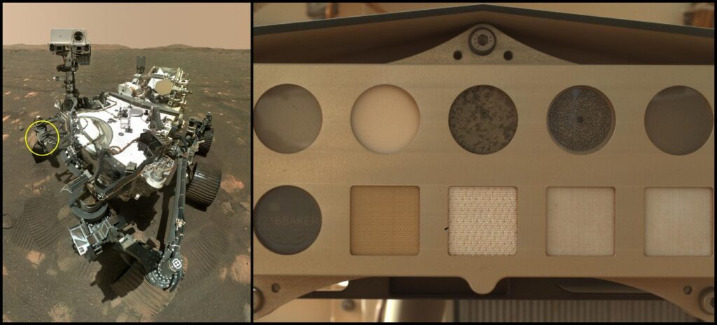 Perseverance rover with an inset close-up of the SHERLOC calibration target and its row of spacesuit swatches