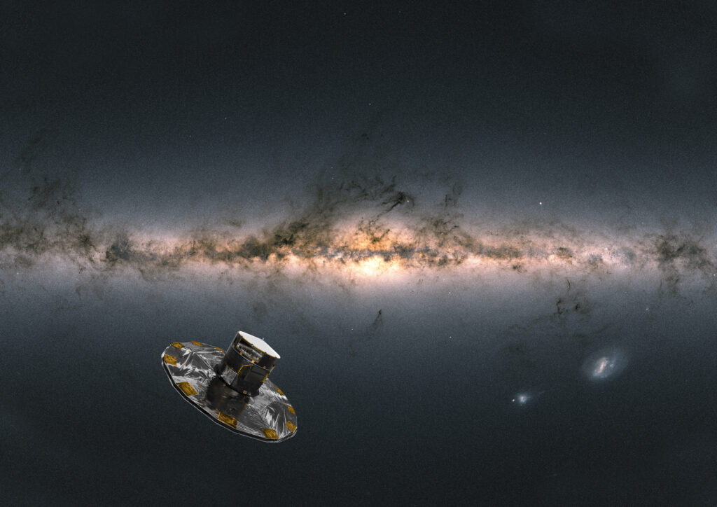 Artist's impression of the Gaia spacecraft in front of the Milky Way band mapped from Gaia star data