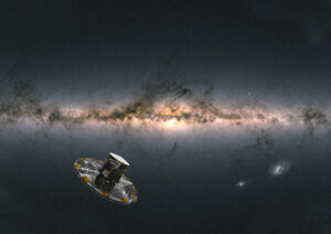 Artist's impression of the Gaia spacecraft in front of the Milky Way band mapped from Gaia star data