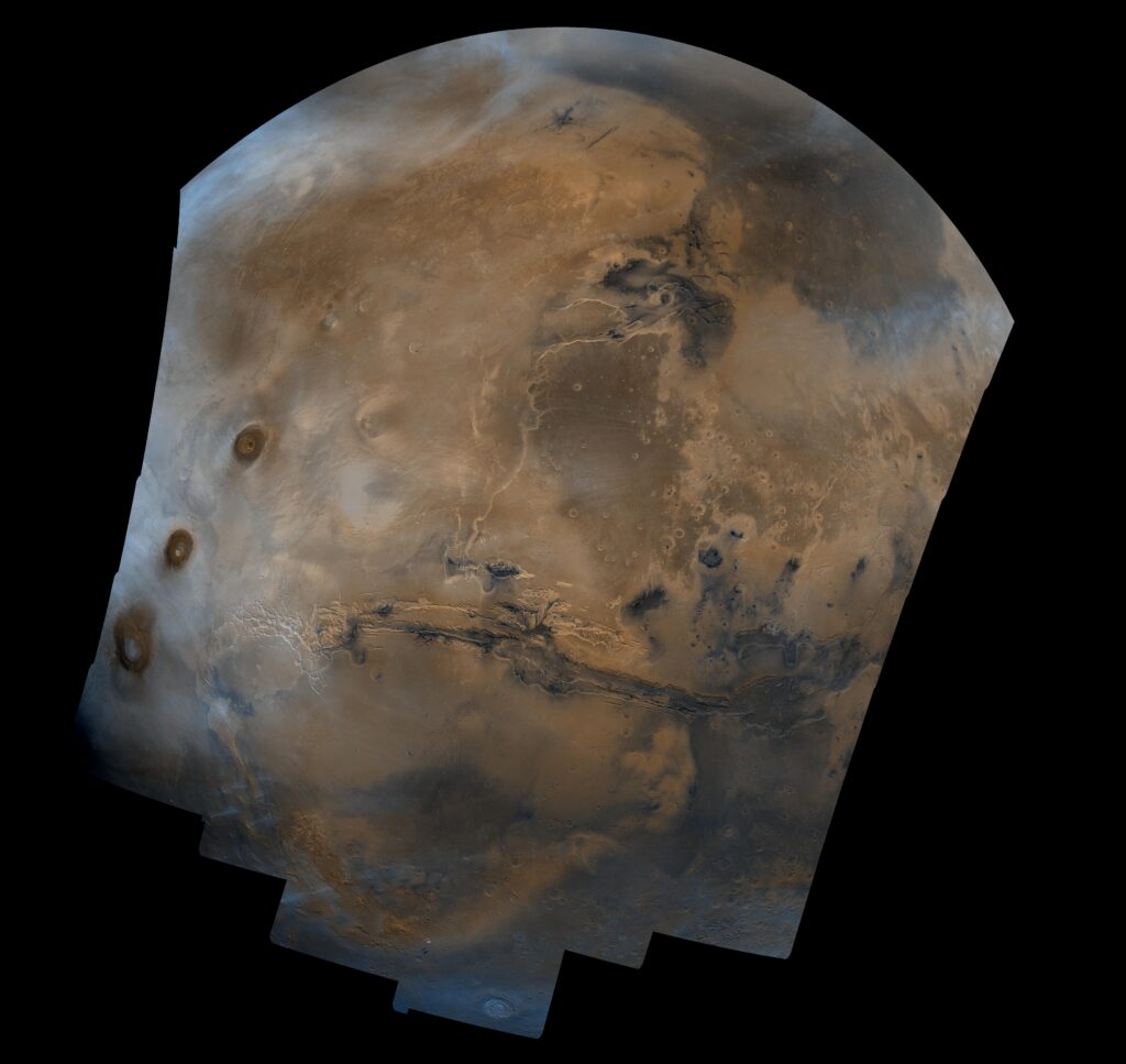 Mosaic of Mars showing the Valles Marineris canyon system across the centre of the planet