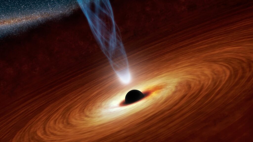 Artist's concept of a supermassive black hole with a glowing accretion disc and a jet streaming outward