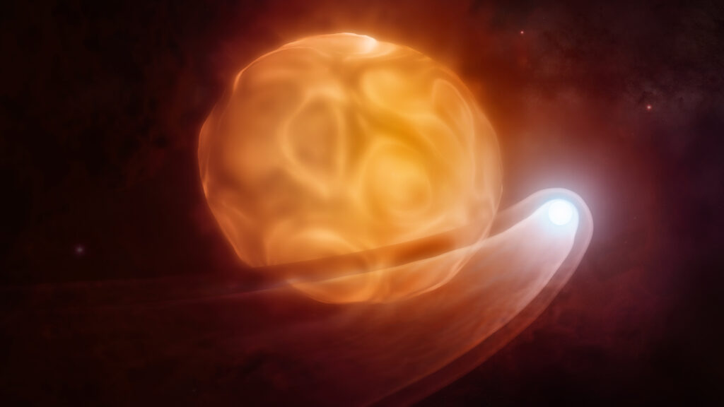 Illustration of a large oblong orange star with a smaller blue-white star trailing a wake through its outer atmosphere