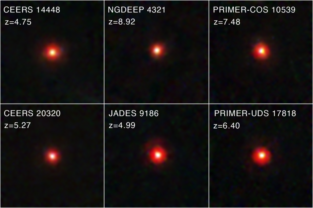 Six Webb close-ups of compact red objects with bright cores against black space, labelled by survey and redshift