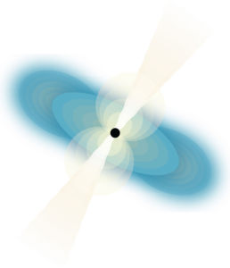 Illustration of a black hole with a tilted debris cloud and two narrow jets from a neutron star merger