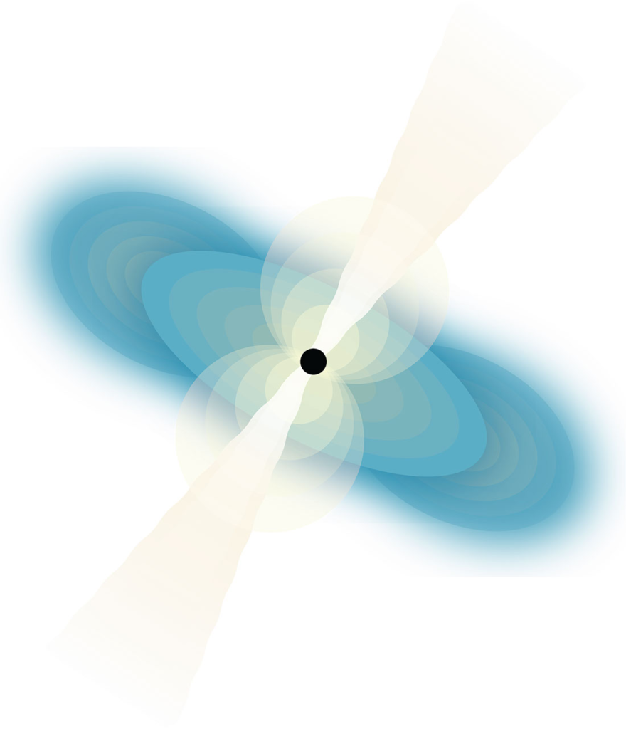 Illustration of a black hole with a tilted debris cloud and two narrow jets from a neutron star merger