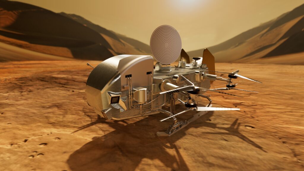 Artist's concept of NASA's Dragonfly rotorcraft on the surface of Saturn's moon Titan