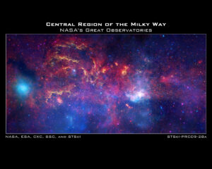 Composite infrared and X-ray view of the Milky Way centre, with glowing dust clouds and a bright core