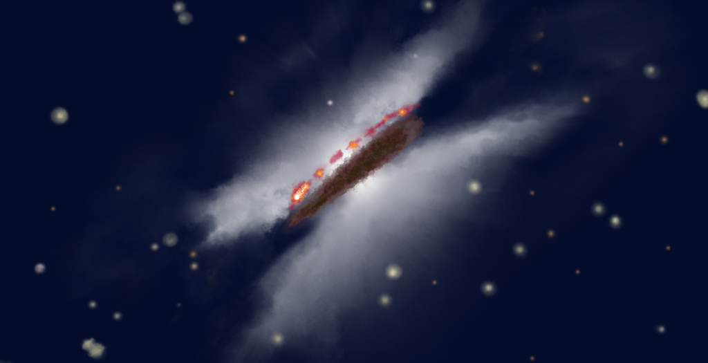 Artist's impression of an edge-on disc of gas and dust in layers around a bright young star