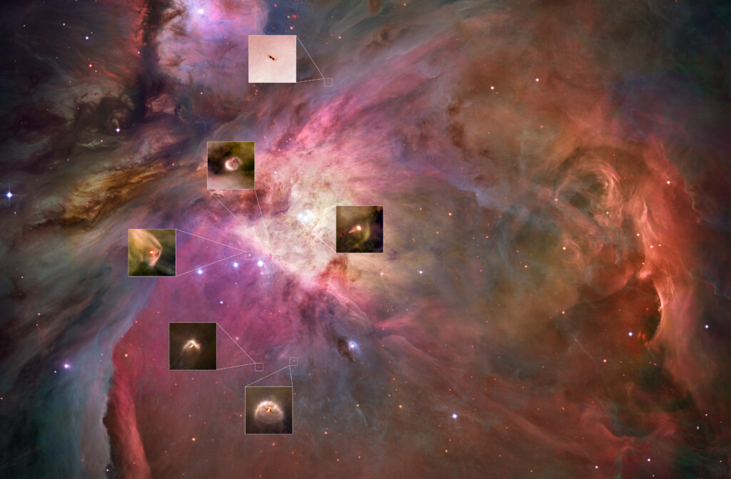 Hubble close-ups of six protoplanetary discs arranged around a wide view of the Orion Nebula