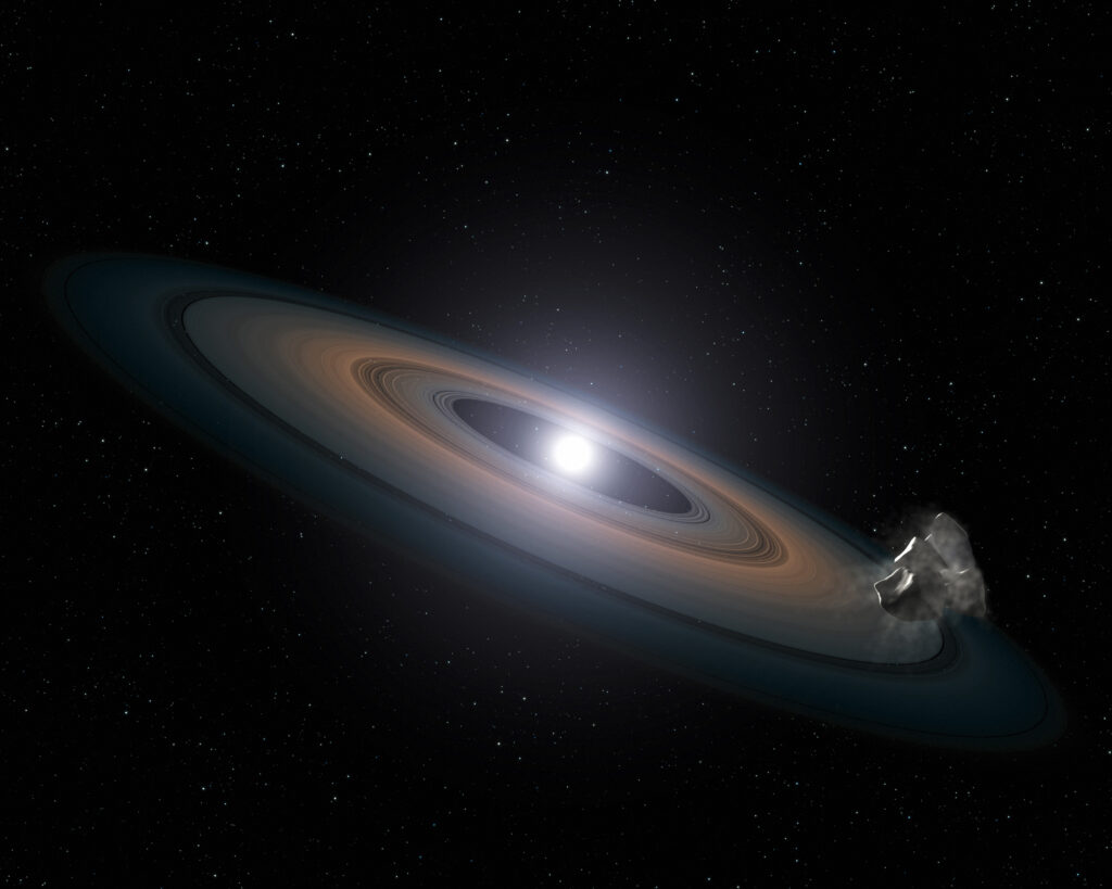 Illustration of a white dwarf surrounded by a thin ring of rocky debris
