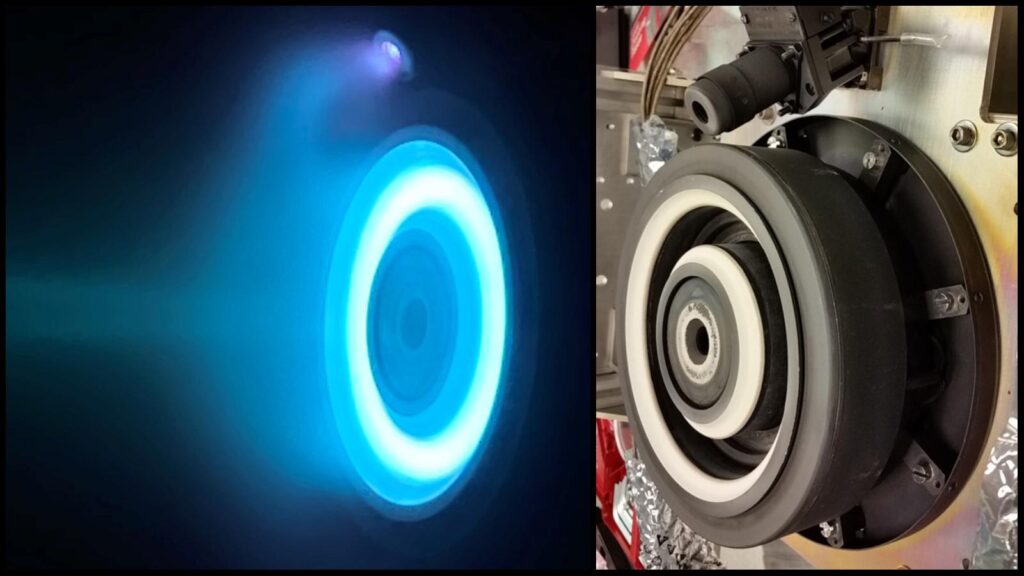 Two Hall thrusters side by side, the left one firing with a bright blue plasma glow, the right one switched off.