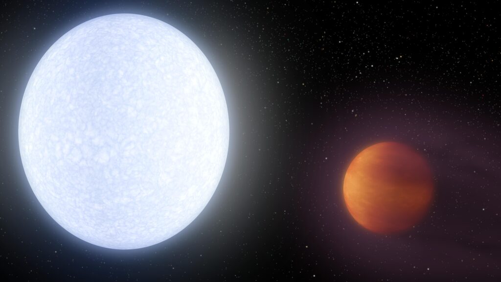 Artist concept of the gas giant KELT-9b orbiting close to its hot blue host star