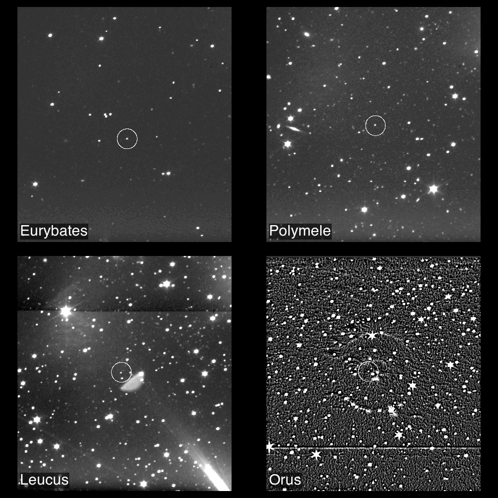Four panels of faint circled asteroid dots moving against star fields, Lucy's Trojan targets