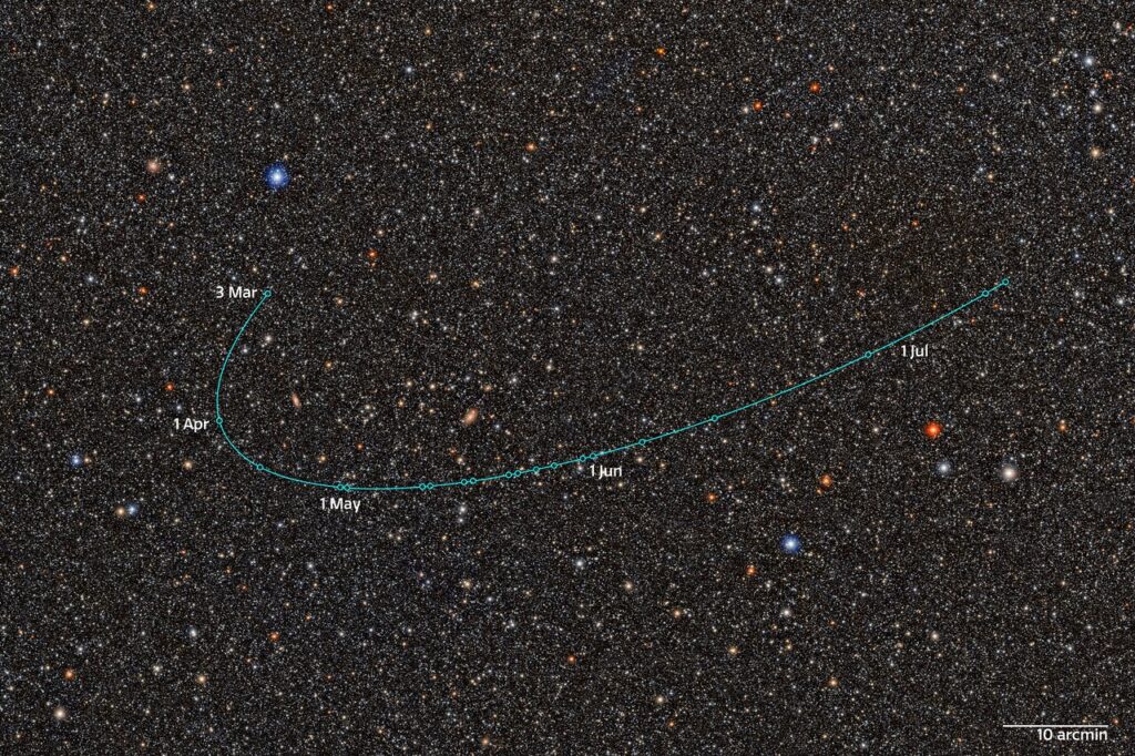 Star field with a traced line showing the path of dwarf planet candidate 2026 ED138 across the sky