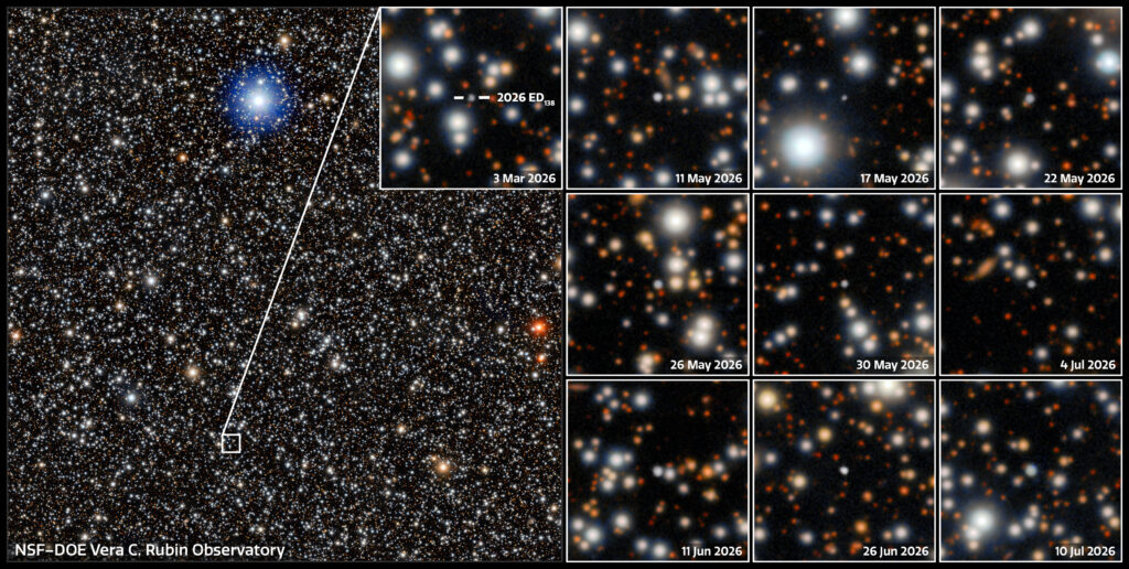 Mosaic of telescope image cut-outs showing the faint dwarf planet candidate 2026 ED138 among stars