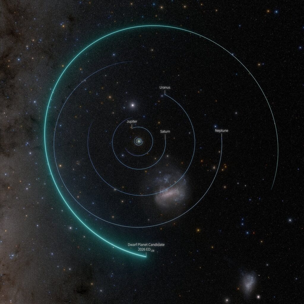 Top-down diagram of the Solar System with planetary orbits and the wider orbit of 2026 ED138