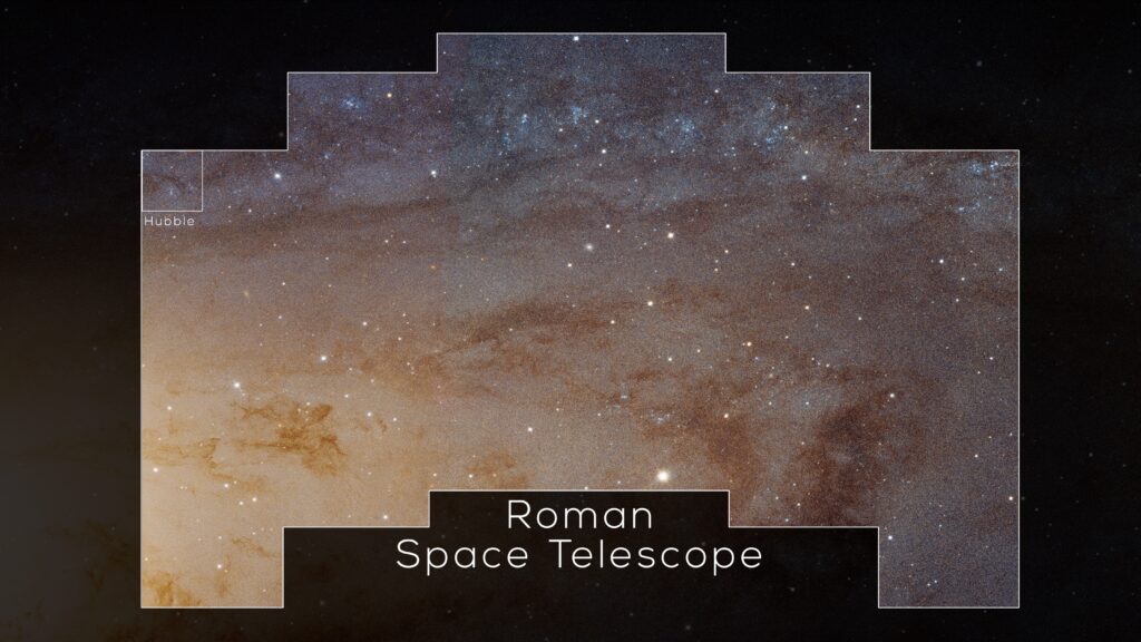 Comparison of the Hubble Space Telescope's image size with the much larger field of view of the Roman Space Telescope