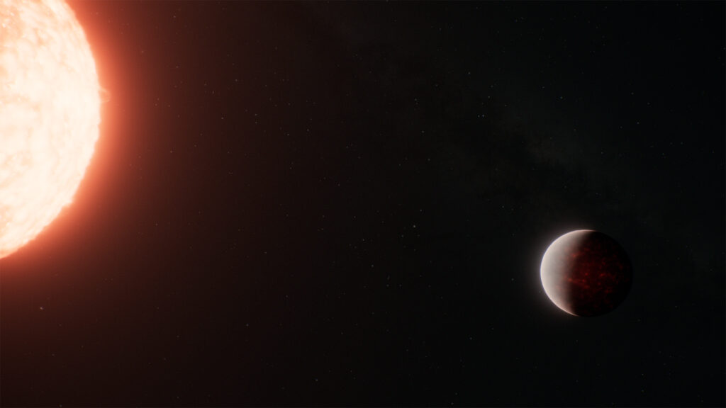 Artist's concept of a glowing molten super-Earth with a hazy atmosphere orbiting close to its bright star