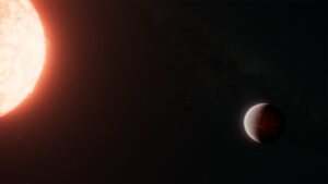 Artist's concept of a glowing molten super-Earth with a hazy atmosphere orbiting close to its bright star