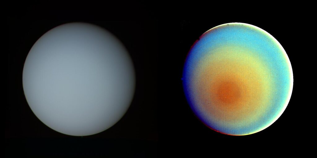 Two views of Uranus side by side, a pale blue disc on the left and a false colour version on the right