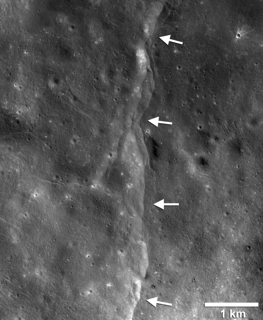 Orbital image of young cliff-like thrust fault scarps crossing the Moon's cratered surface