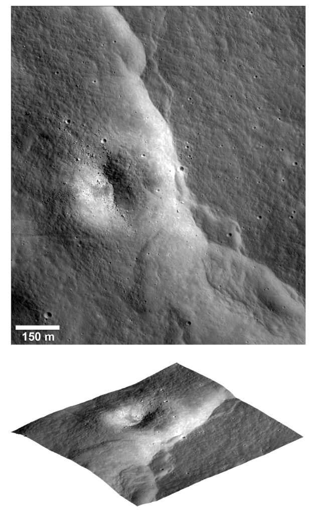 Overhead and angled views of a lobate fault scarp on the Moon, a cliff-like step crossing cratered ground
