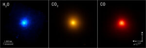 Three Webb maps of gas around comet 3I/ATLAS, showing water, carbon dioxide and carbon monoxide